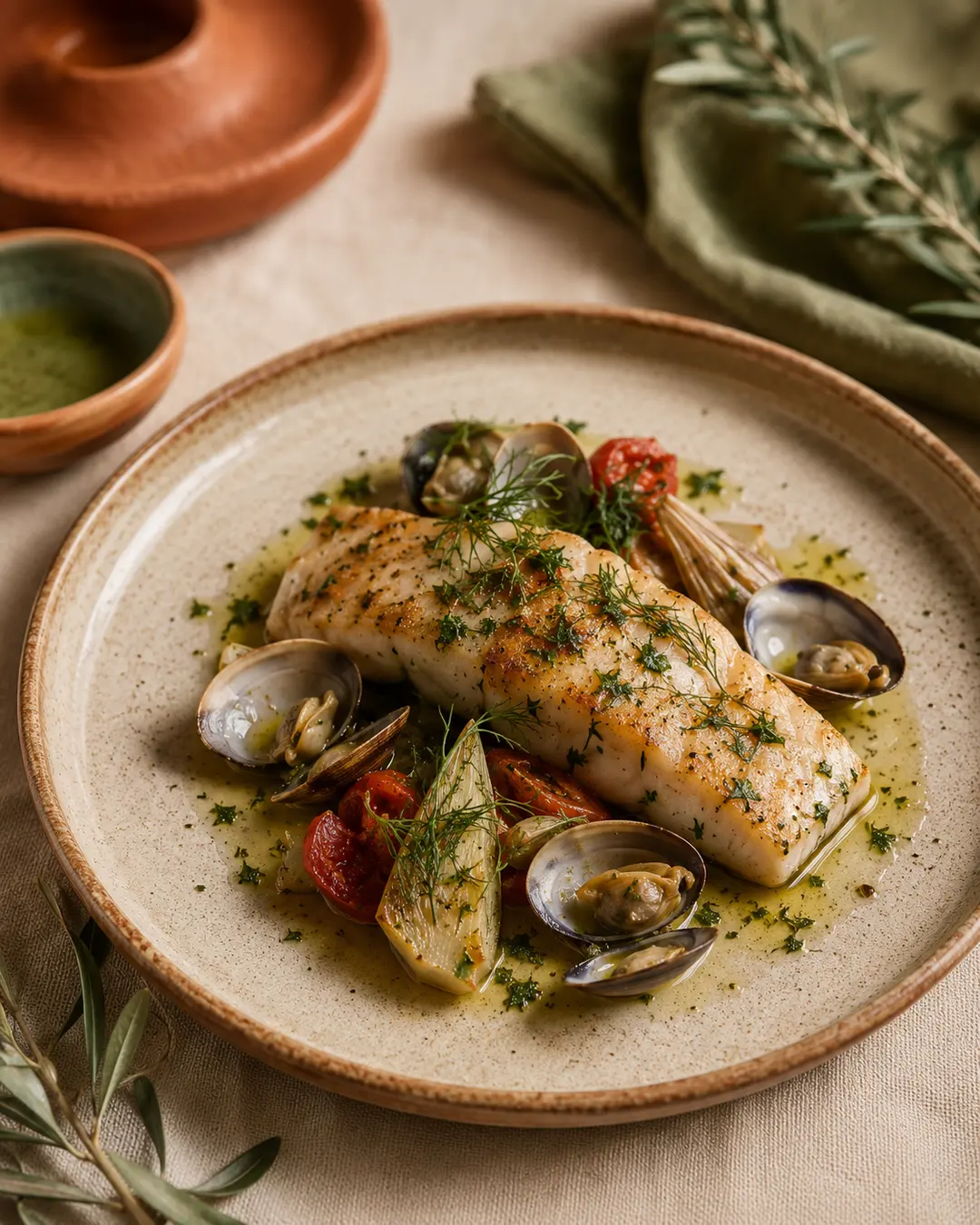 Plat de poisson méditerranéen dressé sur une assiette en céramique