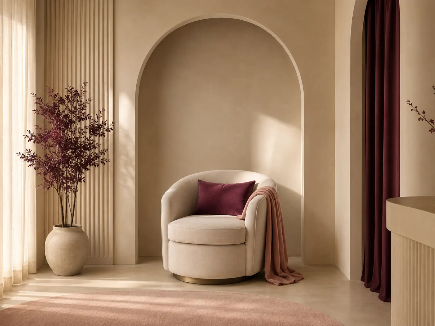Coin salon avec fauteuil sous une arche, lumière douce