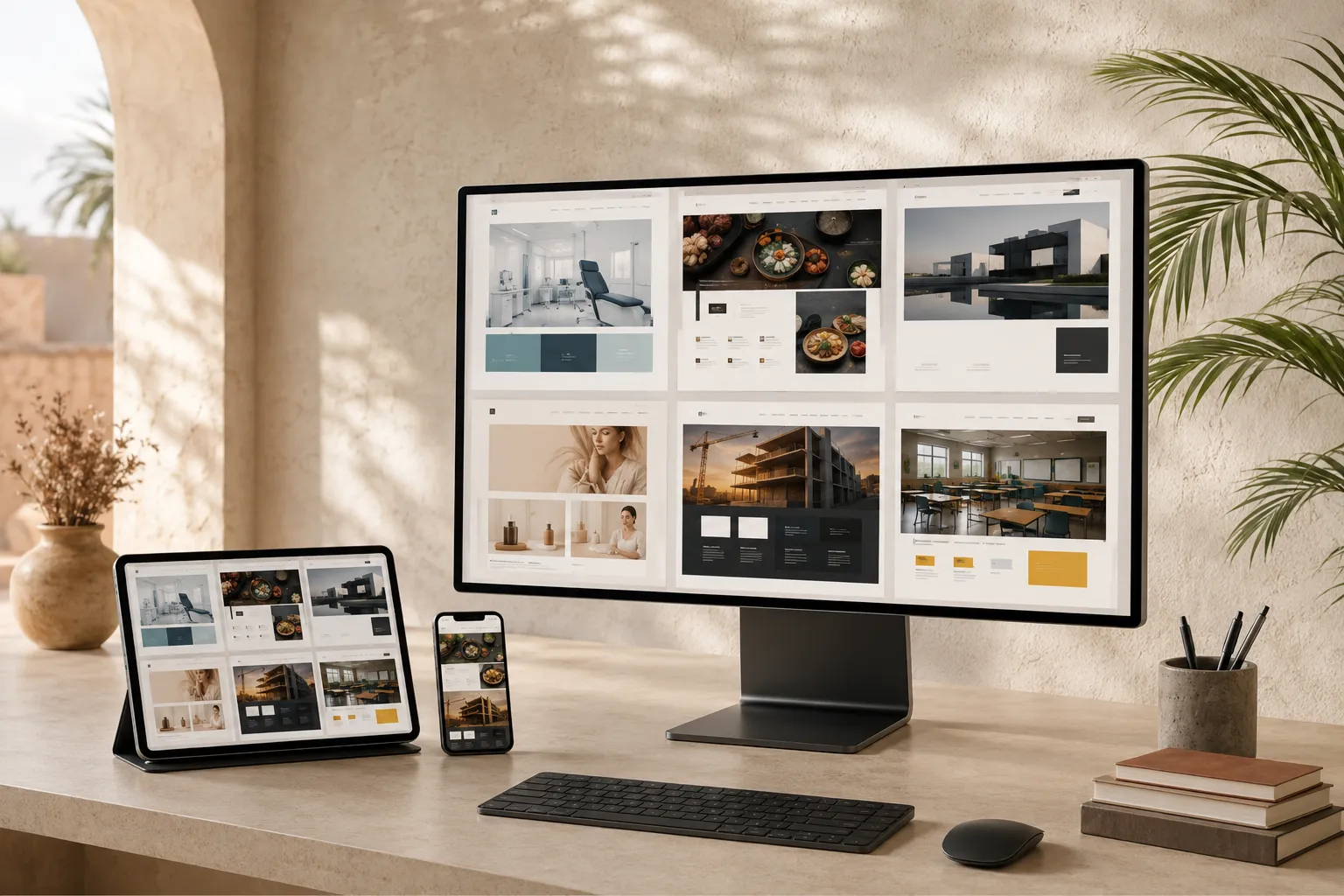 Atelier de design web : sites professionnels présentés sur écran, tablette et téléphone